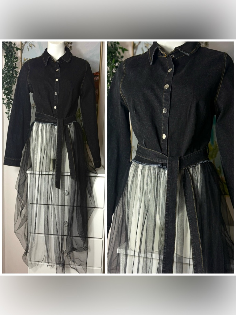 My Boo Black Wash Denim Tulle Jacket Dress Snap Button Belted Large Stretch